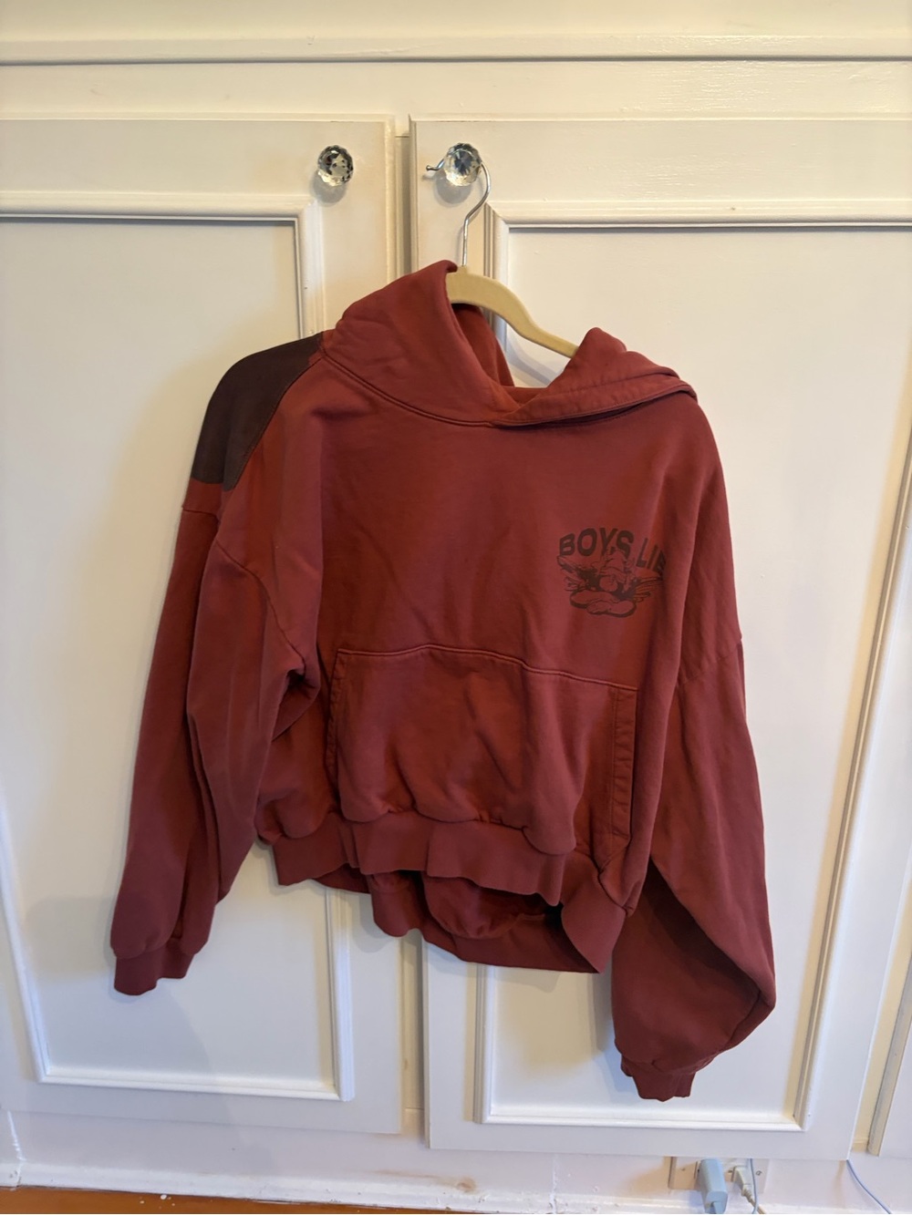 Boys Lie Rust-Red Cropped Graphic Hoodie with Dark Shoulder Accent